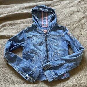 Vintage Abercrombie  Juniors Girls Size L Blue Denim Hooded Jacket Y2K School